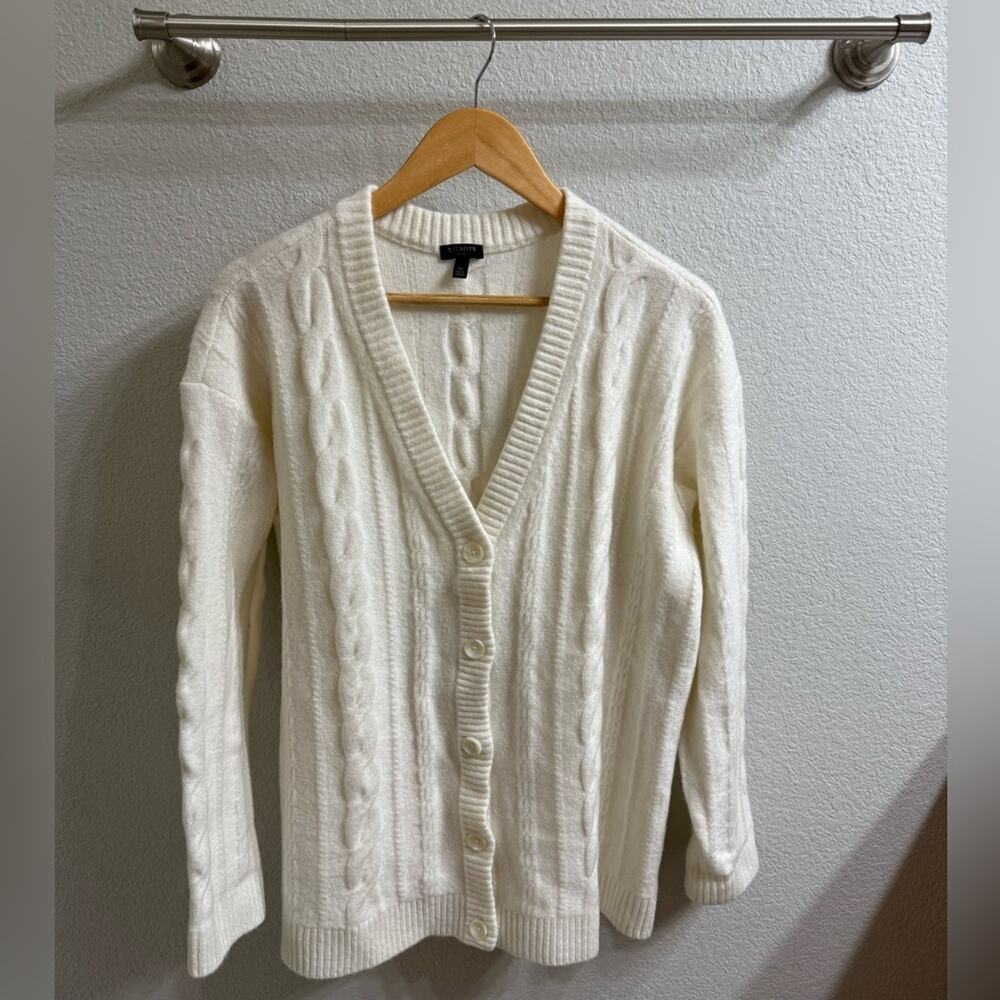 Talbots Ivory/Cream Cable Knit Cardigan Sweater Soft Wool Blend Large Petite